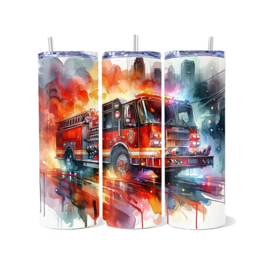 Blazing Heroics: Fire Truck Triumph on a Skinny Tumbler - skinny tumbler
