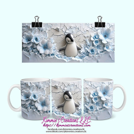 3D Penguin in Flowers on a mug