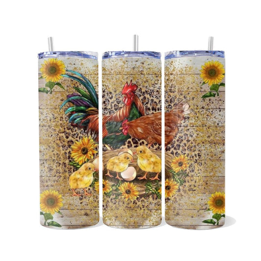 Artistic Rendering of a Rooster Hen & their Chicks on Skinny Tumbler - skinny tumbler