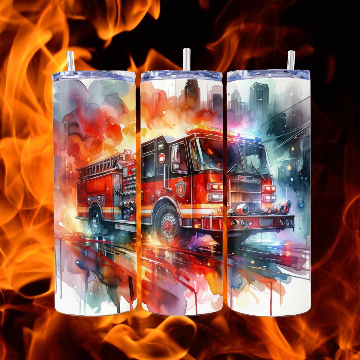 Blazing Heroics: Fire Truck Triumph on a Skinny Tumbler - skinny tumbler