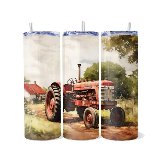 Watercolor Vintage Red Tractor Skinny Tumbler - skinny tumbler