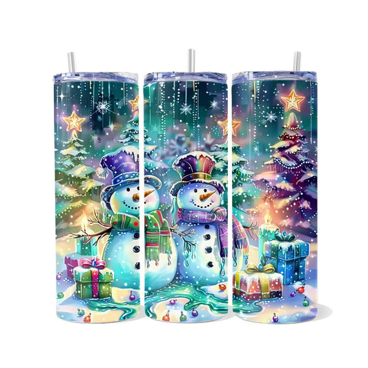 Two Colorful Snowmen Delight with Gifts! - a Skinny Tumbler - skinny tumbler