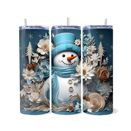 A Whimsical Snowman surrounded by Flowers - a Skinny Tumbler - skinny tumbler
