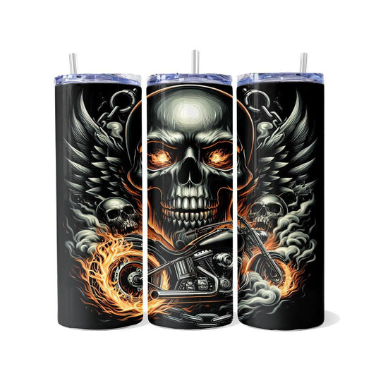 Flaming Biker Skull Skinny Tumbler - skinny tumbler
