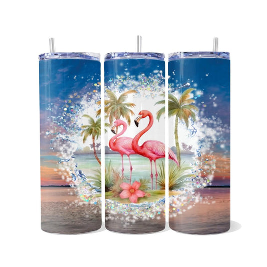 Flamingos in the midst of a Tropical Paradise - Skinny Tumbler - skinny tumbler