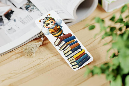 Cartoonish Bee on Books bookmarks with 4 design choices - 02 - bookmark