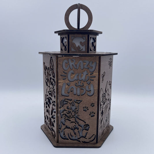 Crazy Cat Lady Lantern - Laser Cut Wooden Decor with LED