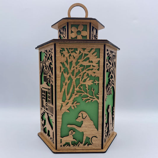 Dog & Puppy Lantern - Laser Cut Wooden Decor with LED