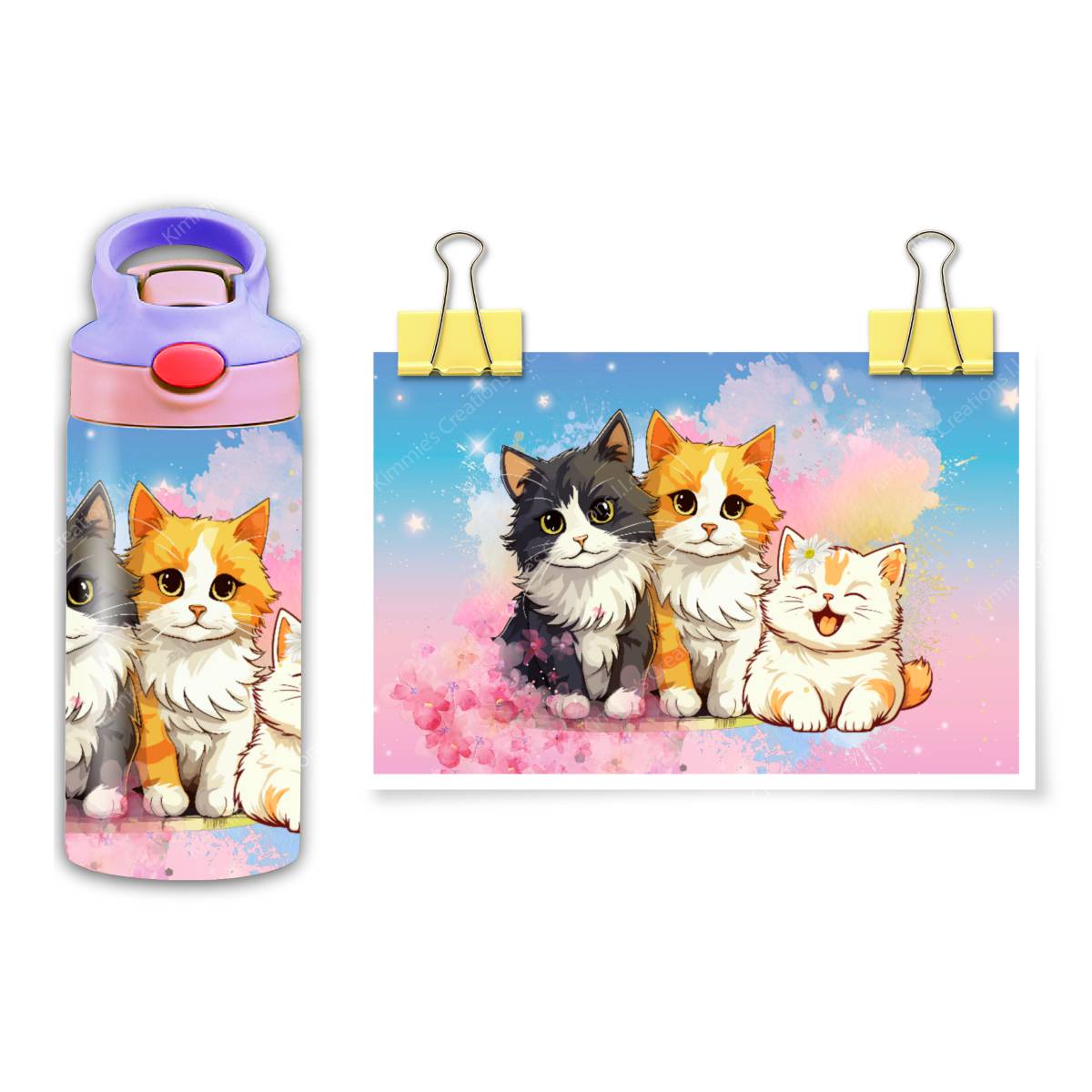 Enchanting Three Kittens Transform a Simple Water Bottle into Magical Wonderland - 12 oz Flip Top - flip top
