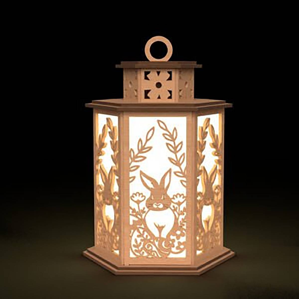 Easter Bunny Cupola Lantern with floral design and a flameless candle - Teak - decor