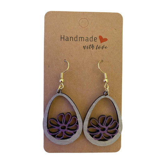 Flowers in Teardrops Wooden Earrings - 02 - jewelry