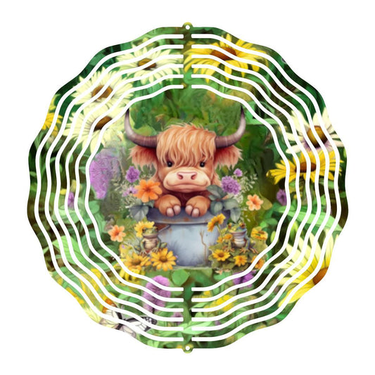 Delightful Fluffy Highland Cow sitting in a Bucket - Wind Spinner - wind spinner