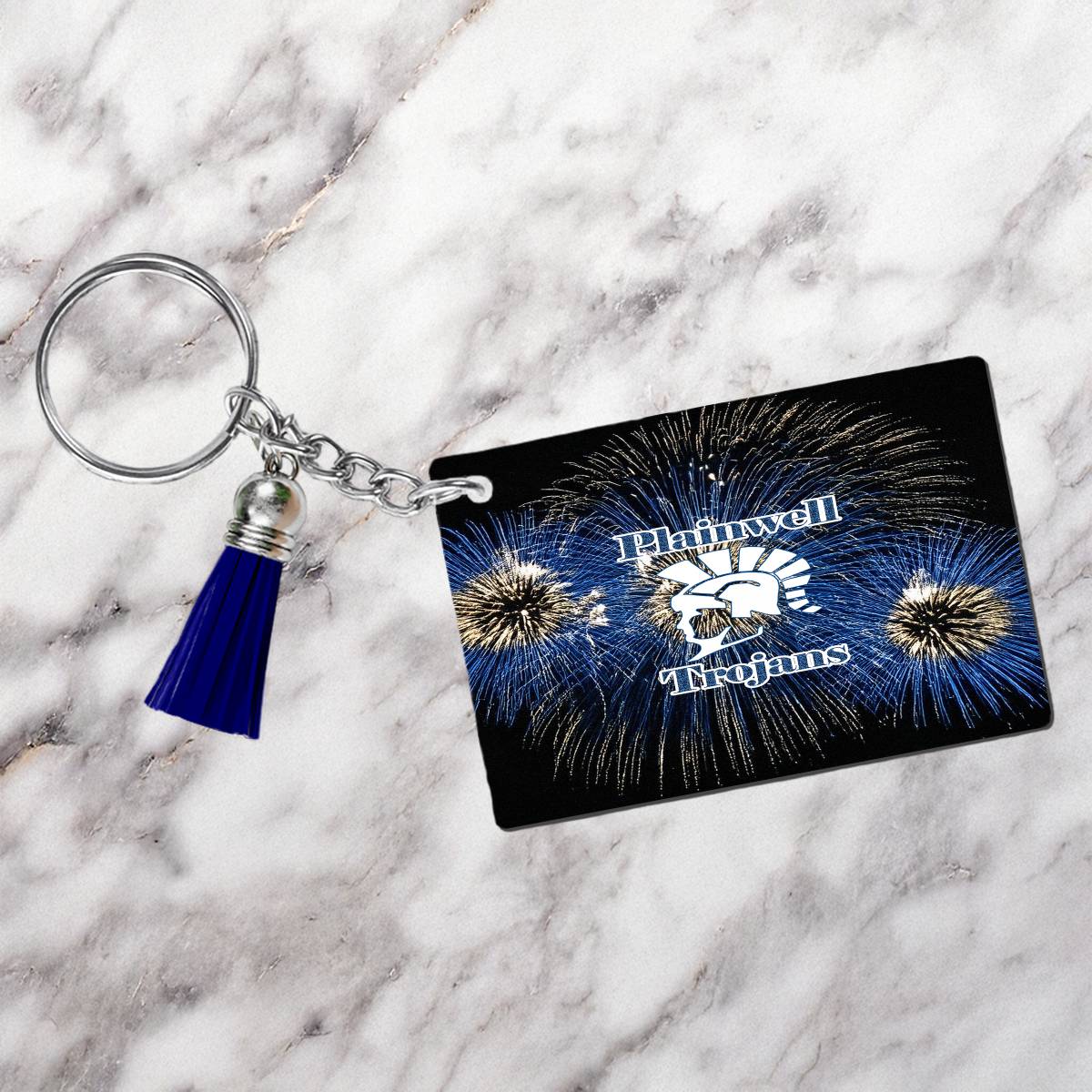 Plainwell Trojans Fireworks Rectangle Keychain - Kimmie's Creations L.L.C.