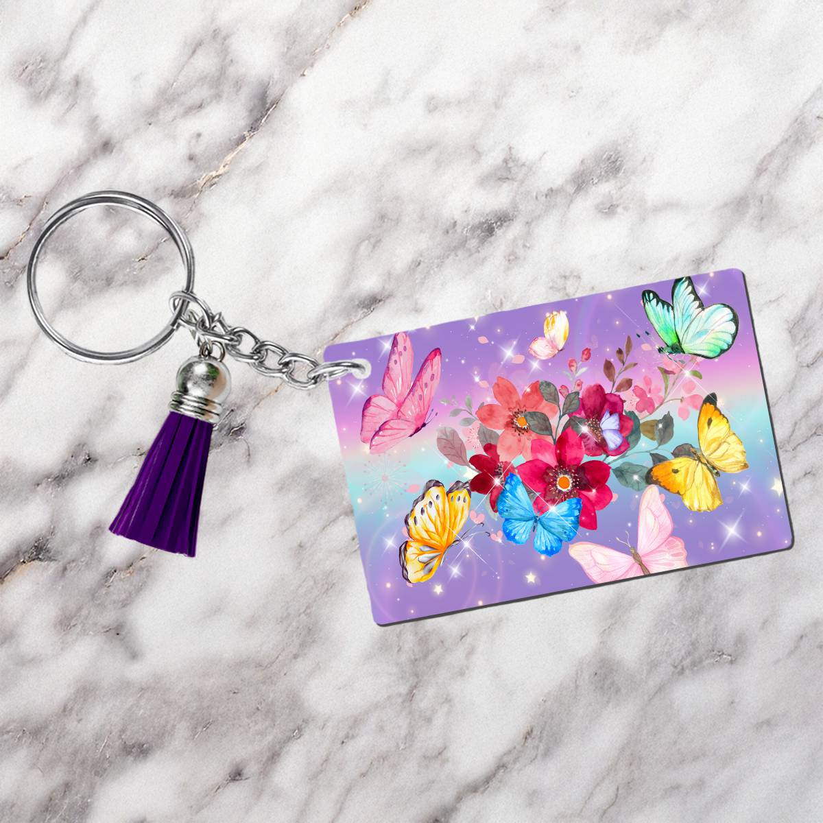 Butterflies in Watercolor with Flowers Rectangle Keychain - Kimmie's Creations L.L.C.