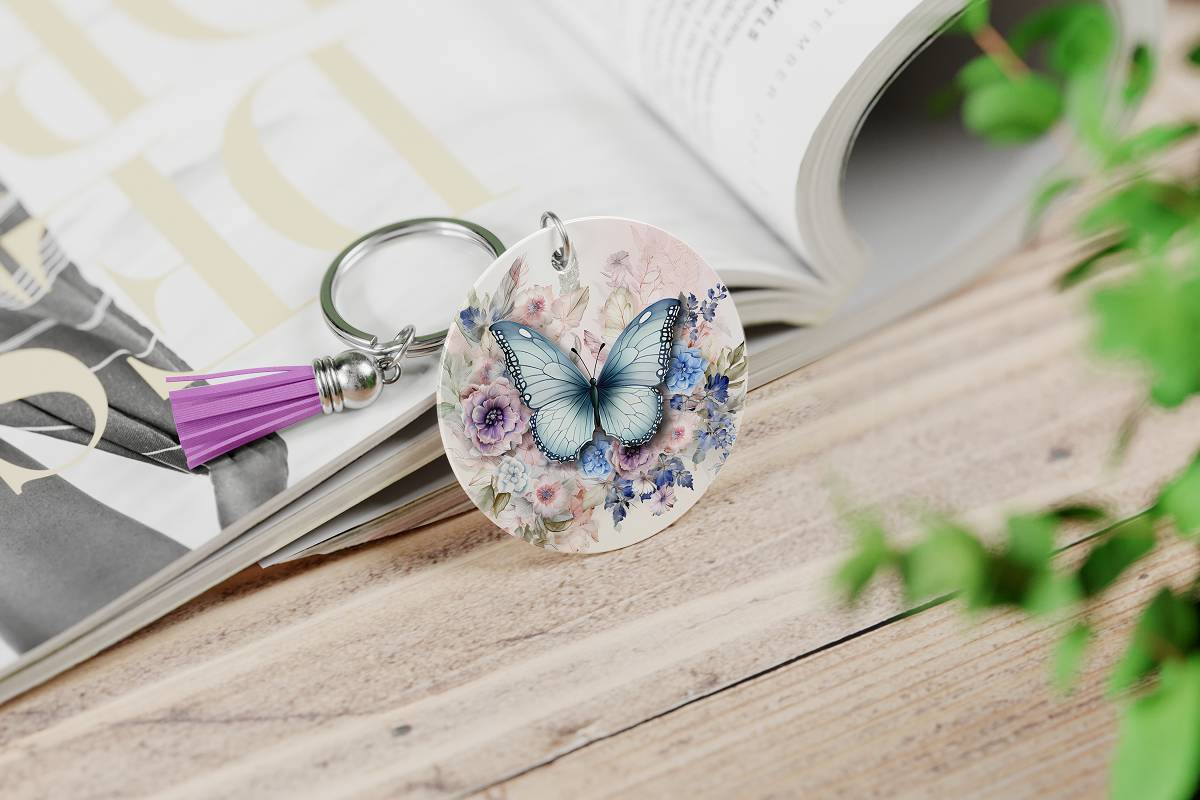 Pastel Butterfly with Flowers Round Keychain - Kimmie's Creations L.L.C.