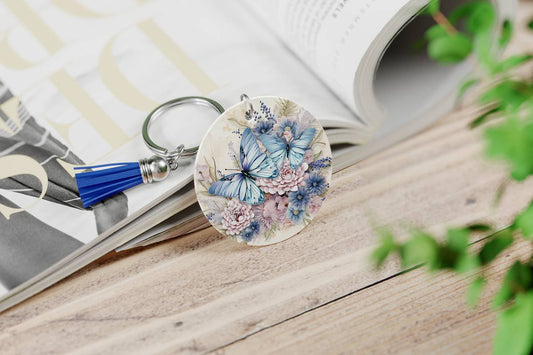 Pastel Butterfly with Flowers Round Keychain - 02 - keychain