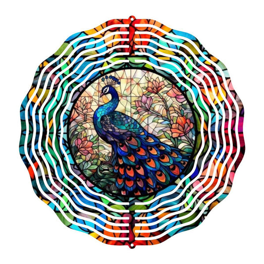Artistic Peacock in Stained-glass design on a Wind Spinner - wind spinner