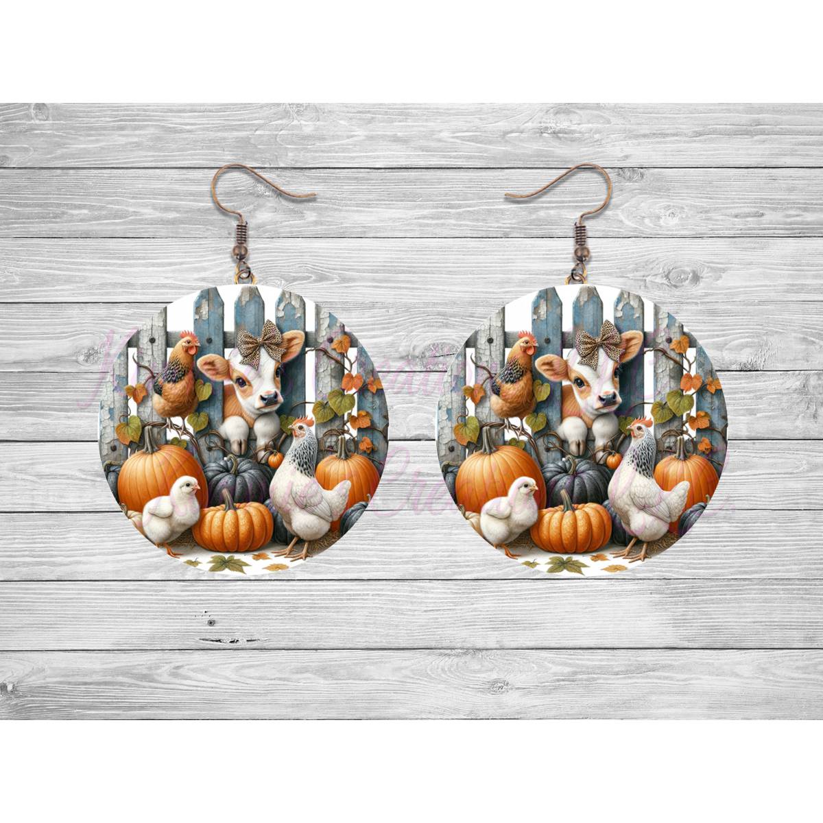 Fall Cow with Chicks & Pumpkins Round Earrings - jewelry