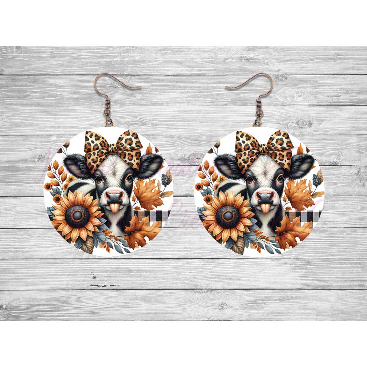 Fall Cow with Leaves & Flowers Round Earrings - Kimmie's Creations L.L.C.