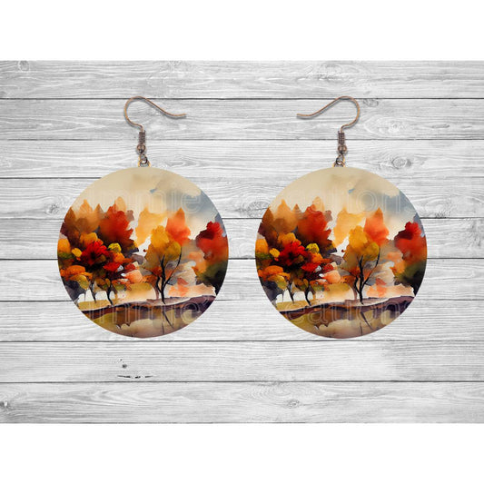 Autumn Leaves and Pumpkins Round Earrings - 02 - jewelry