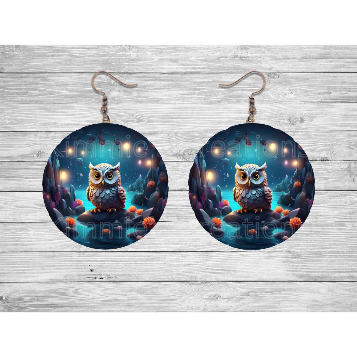 Owl Perched on a Rock artistic Round Earrings - Kimmie's Creations L.L.C.