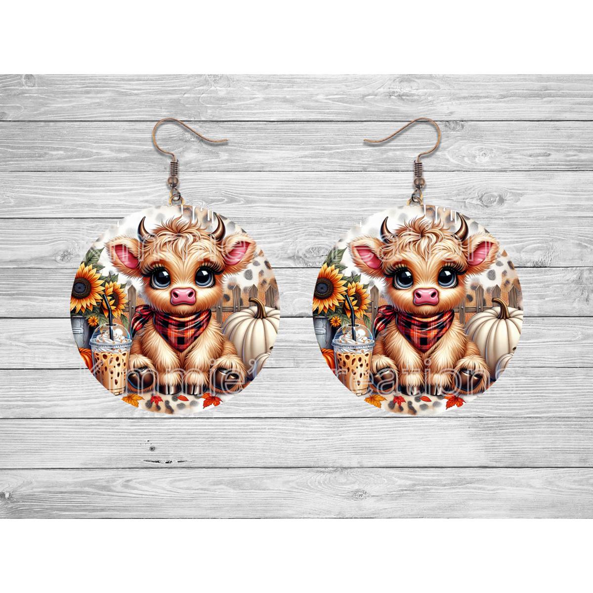 Highland Cow Fall design Round Earrings - Kimmie's Creations L.L.C.