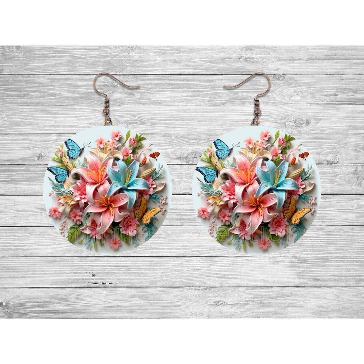 Lilies and Butterflies Round Earrings - Kimmie's Creations L.L.C.