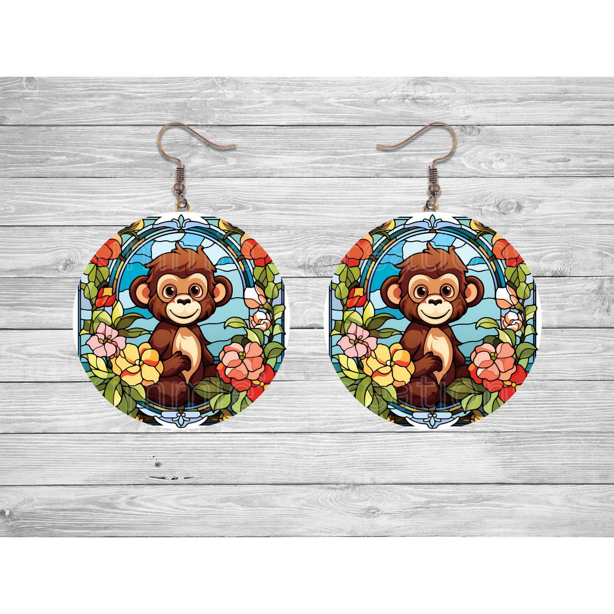 Stained Glass Monkey Round Earrings - Kimmie's Creations L.L.C.