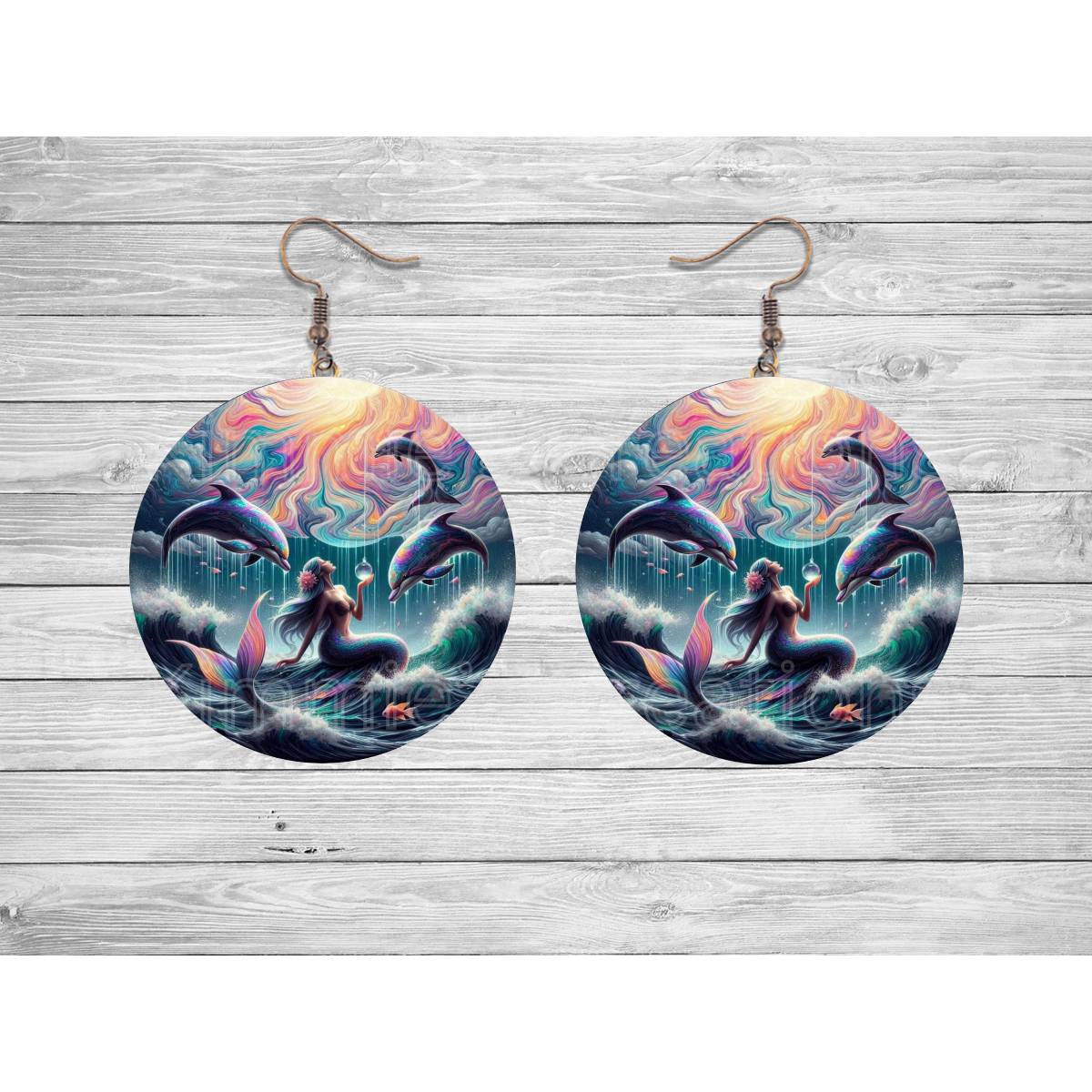 Mermaid with Dolphins Round Earrings - Kimmie's Creations L.L.C.