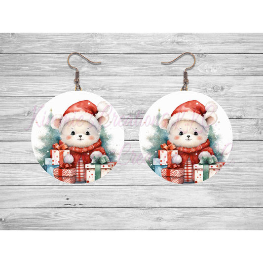 Christmas Critter in a Santa Hat Round Earrings - 02 - jewelry