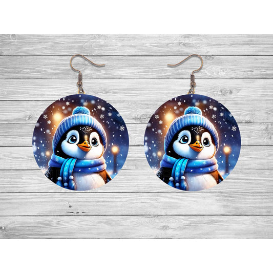Winter Penguin Round Earrings - 02 - jewelry