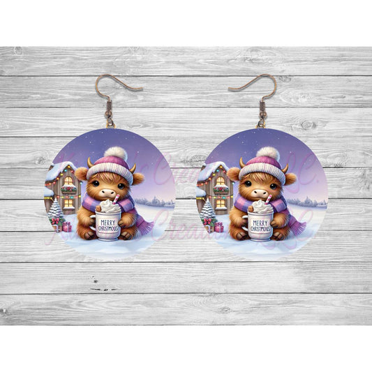 Merry Christmoos Highland Cow Round Earrings - 02 - jewelry