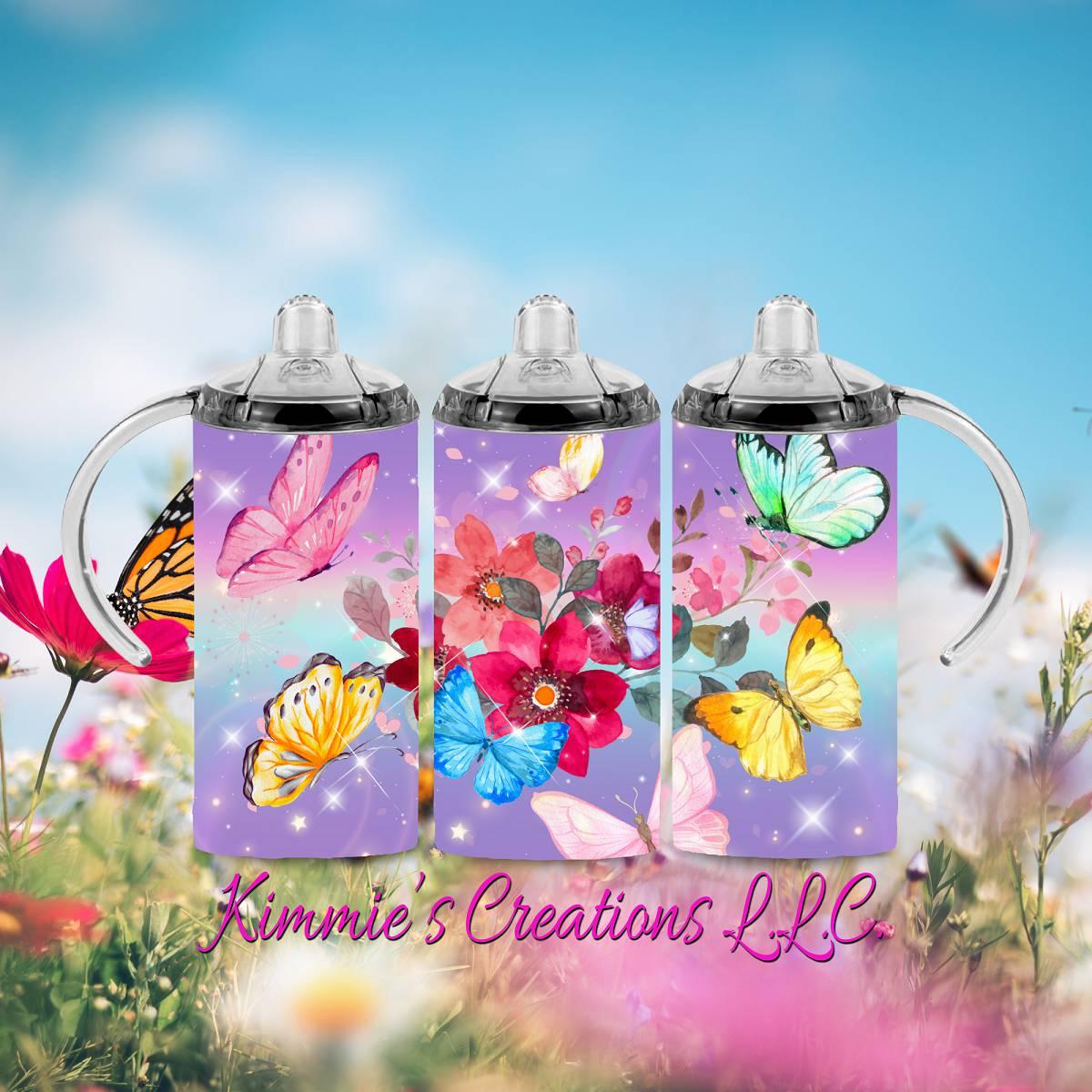Butterflies in Watercolor with Flowers - a 12 oz Sippy Cup - Kimmie's Creations L.L.C.