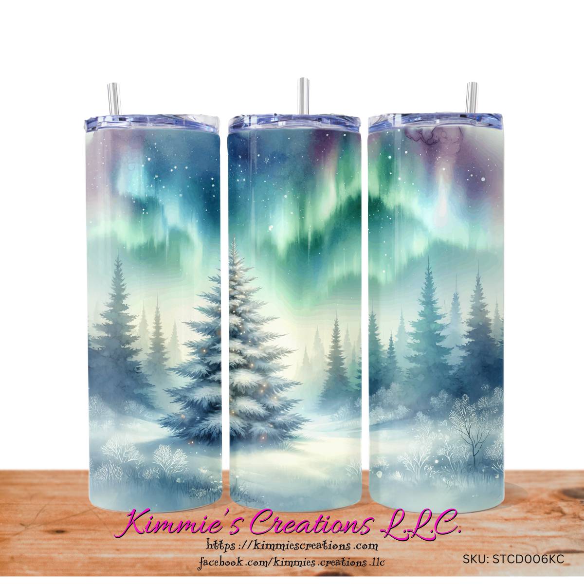 Experience the Radiant Christmas Magic: Northern Lights Glowing around a Christmas Tree - a Skinny Tumbler - Kimmie's Creations L.L.C.