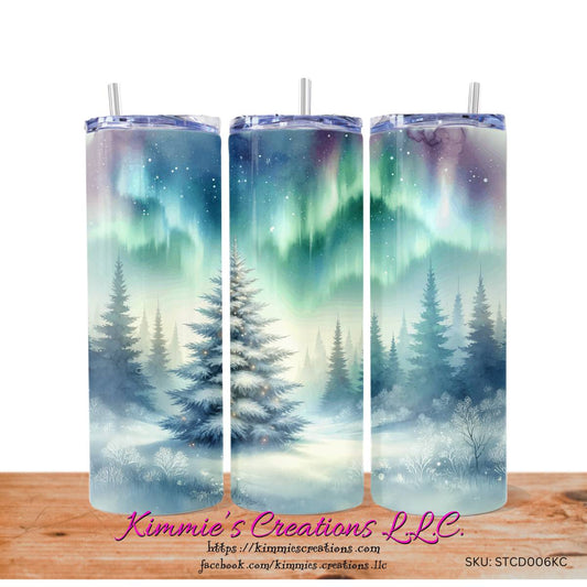 Experience the Radiant Christmas Magic: Northern Lights Glowing around a Tree - Skinny Tumbler - skinny tumbler