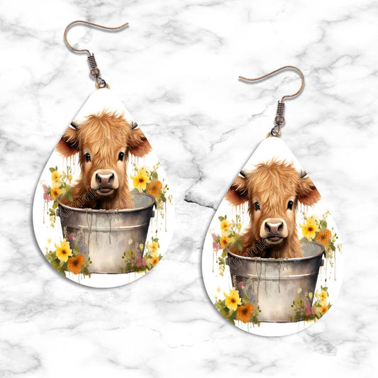 Highland Cow in a Bucket Teardrop Earring Collection - 02 / Standard - jewelry
