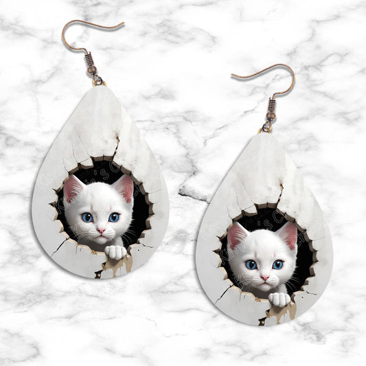 Kitten Peeking in Hole Teardrop Earring Collection - 02 - jewelry
