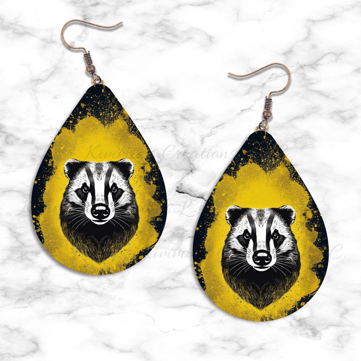 Badger on Yellow Paint Splatter Teardrop Earrings