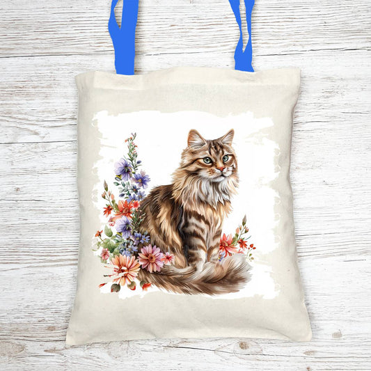 Floral Cat Tote Bag with Cosmetic - tote