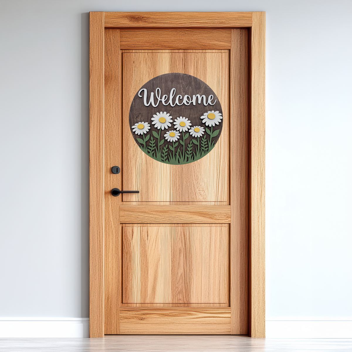 Welcoming Daisies door sign hanging on a door