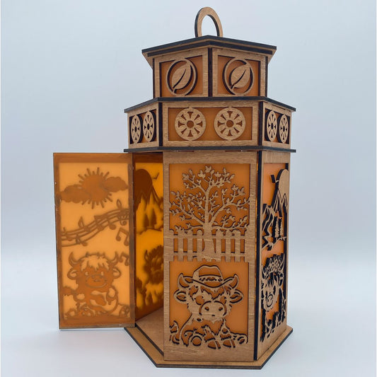 Baby Highland Cow with Tower Cupola flameless candle Lantern
