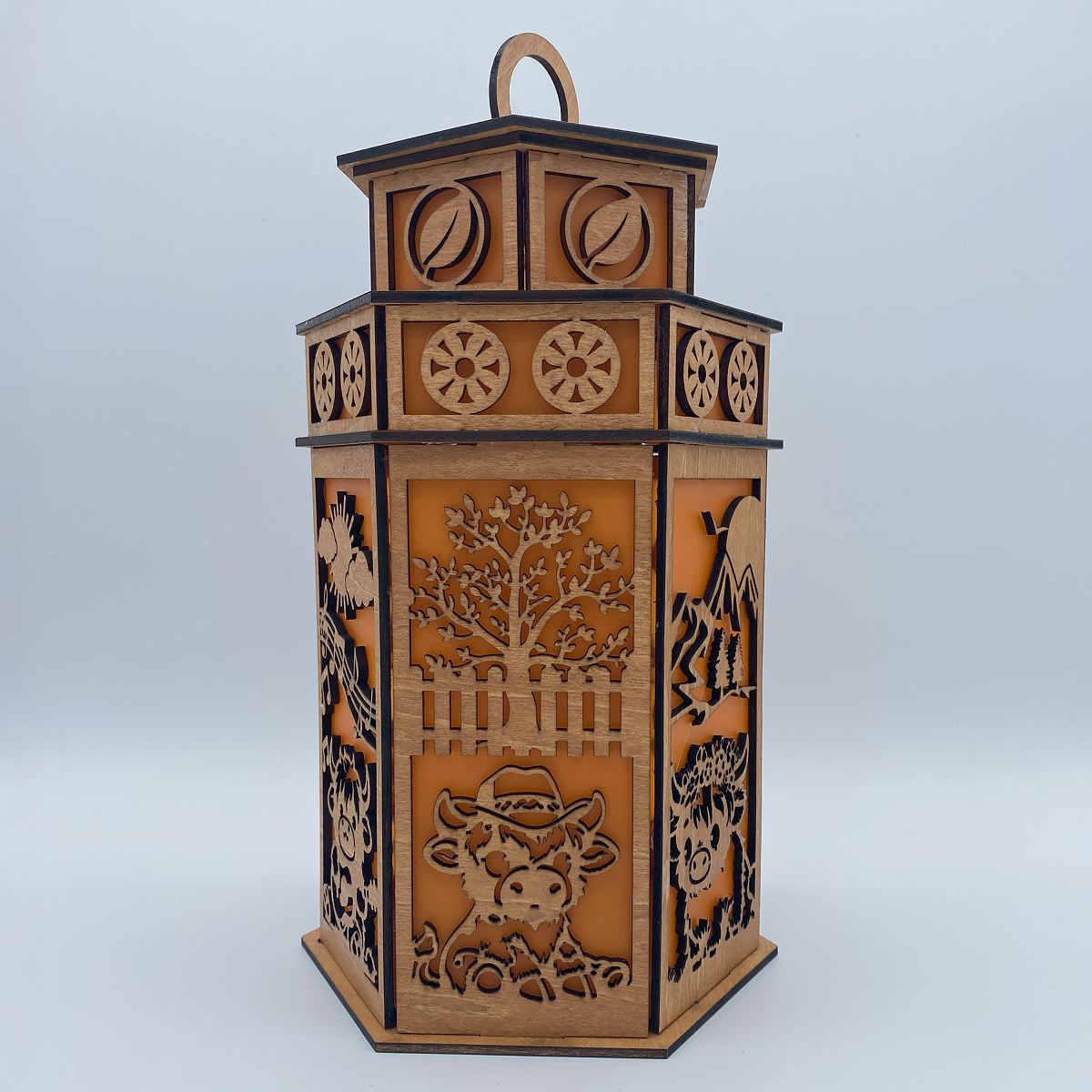 Baby Highland Cow with Tower Cupola flameless candle Lantern