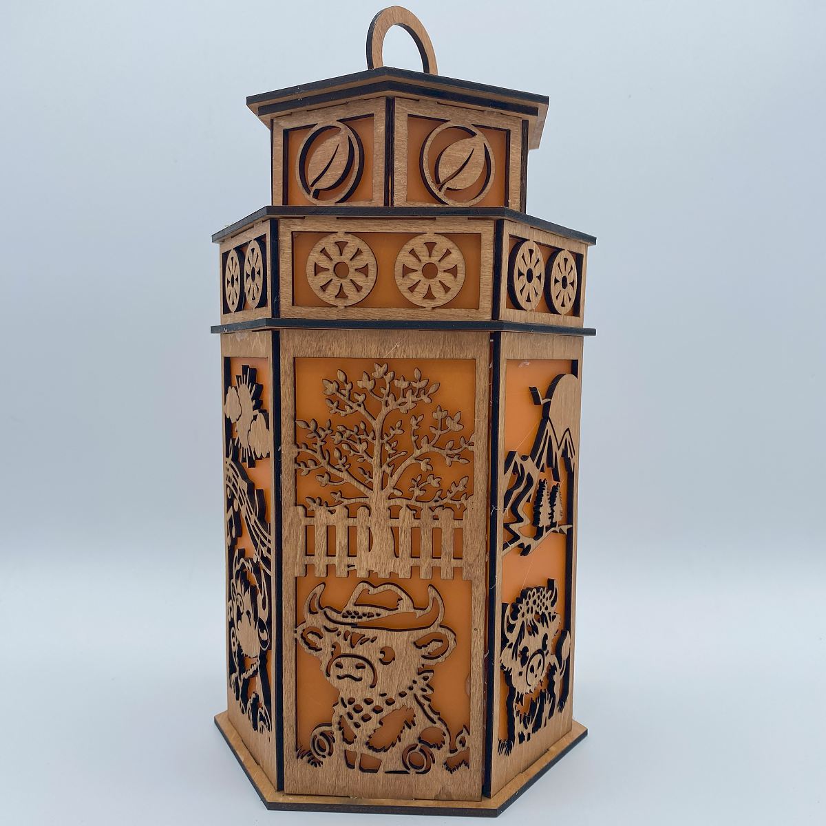 Baby Highland Cow with Tower Cupola flameless candle Lantern