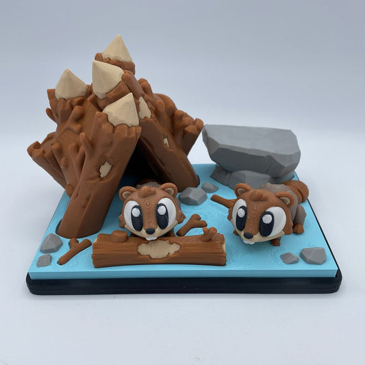 Full Beaver Dam Playset showing dam and two poseable beavers from multiple angles