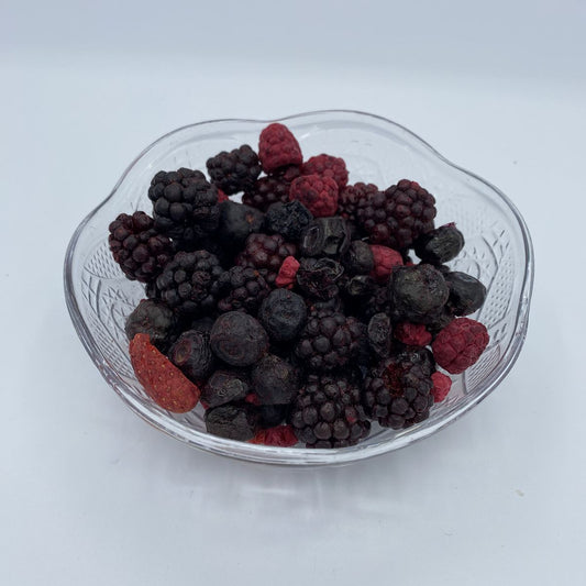 Close up of crunchy freeze-dried Berry Medley showing strawberries blueberries blackberries and raspberries
