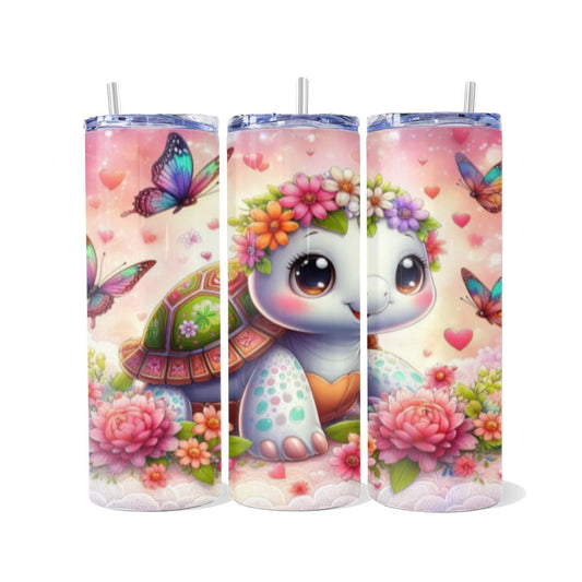 Floral-Adorned Flowerchild Turtle a Skinny Tumbler - skinny tumbler