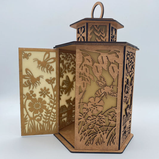 Bees & Blossom Cupola design flameless candle Lantern with Flying Bees and Trees Blossoming