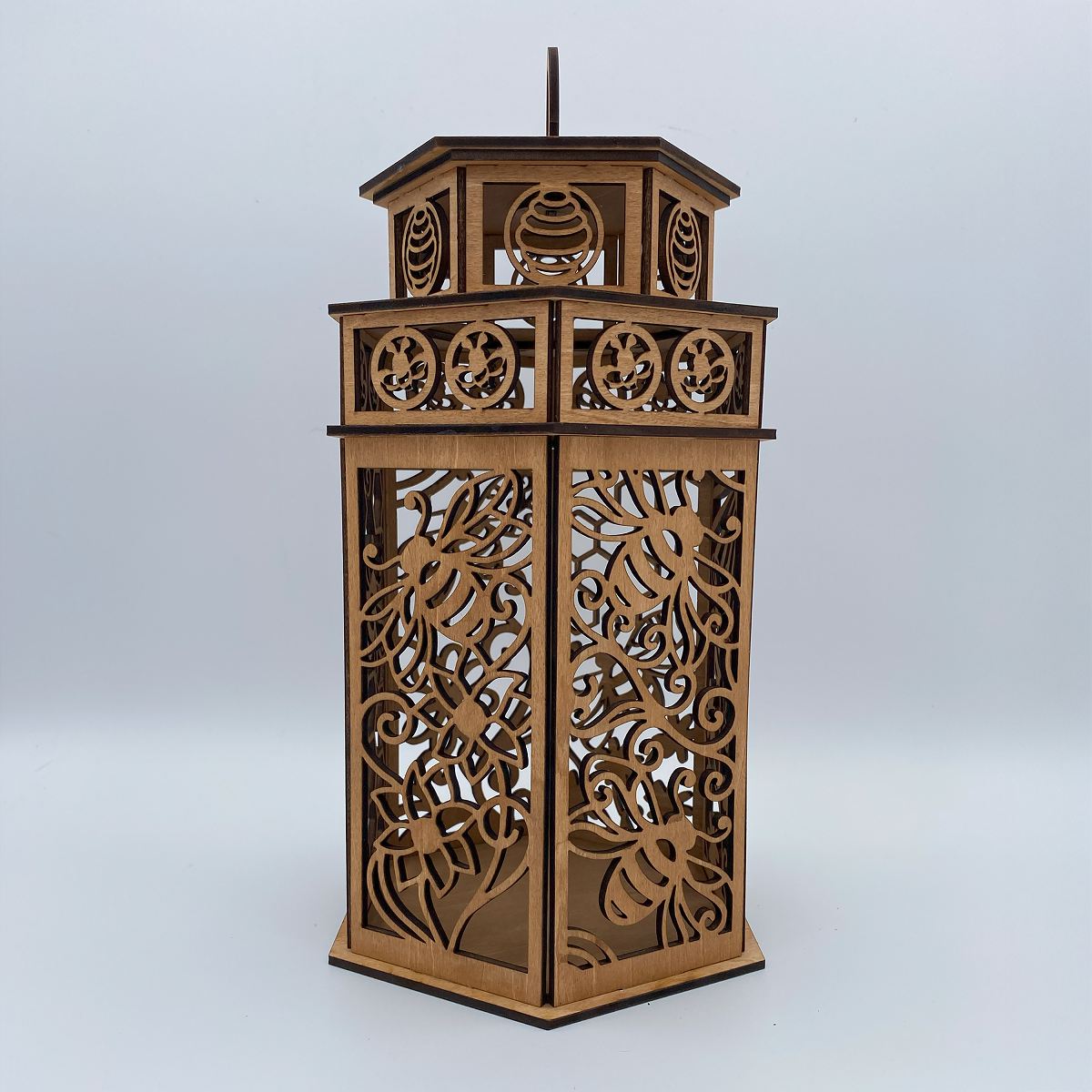 Honeybees with Flora and Honeycomb on a Tower Cupola design flameless candle Lantern