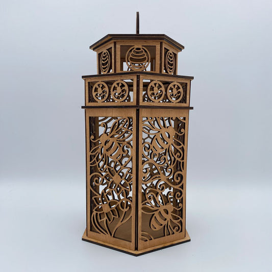 Honeybees with Flora and Honeycomb on a Tower Cupola design flameless candle Lantern
