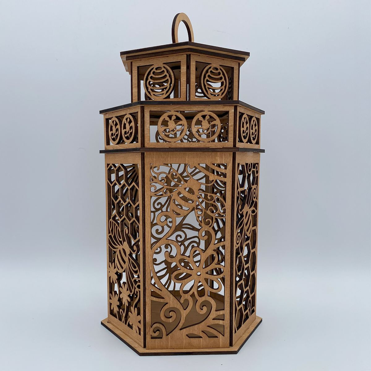 Honeybees with Flora and Honeycomb on a Tower Cupola design flameless candle Lantern